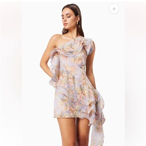 elliatt sahara purple floral one shoulder ruffle asymmetrical mini dress large - Picture 3 of 10